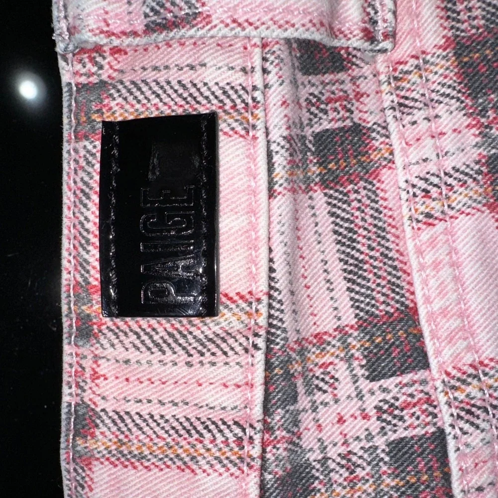 Paige Hoxton Slim Pink Plaid Jeans Raw Hem Stretch Women's 28‎